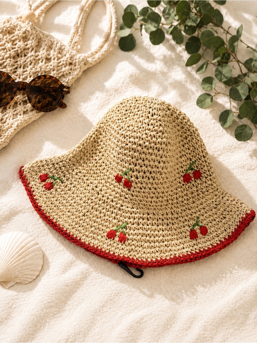 Cherry Crochet Sun Hat - Beige with Red Trim